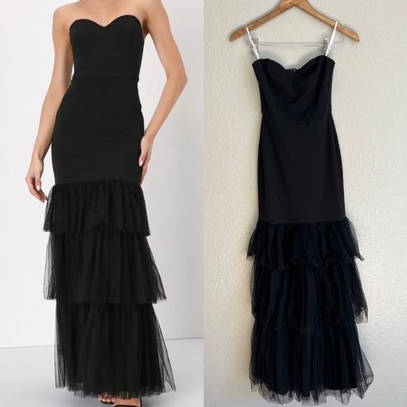 NWOT Dramatic Fanatic Black Strapless Tulle Trumpet Maxi Dress - Picture 1 of 8